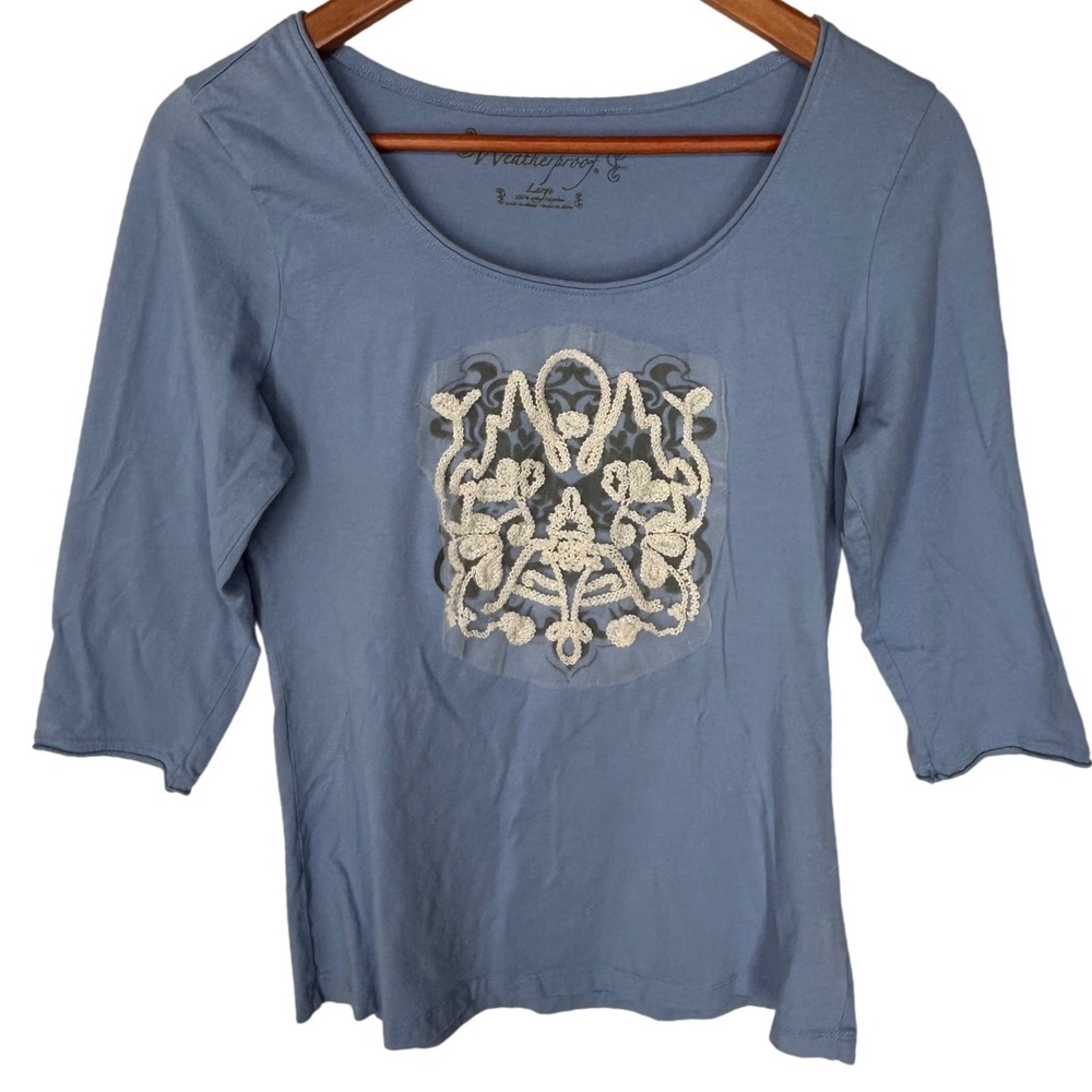 Weatherproof Blue 3/4 Sleeve Length Tee Shirt Embellished Front Women's Large